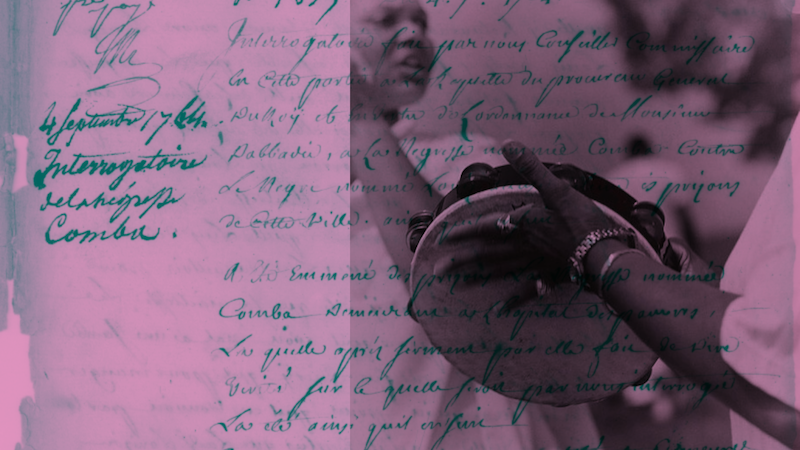 Image: Excerpt from the manuscript version of the "Mama Comba" trial stylized with a light pink background and green writing)